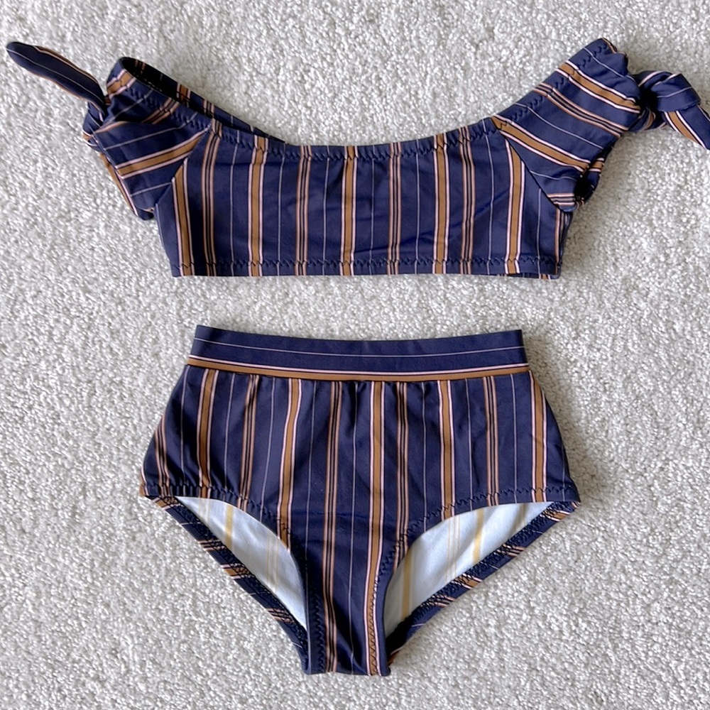 NWOT Eberjey Girls 2 piece Bikini Swimsuit - Navy w brown/pink stripes - size 4